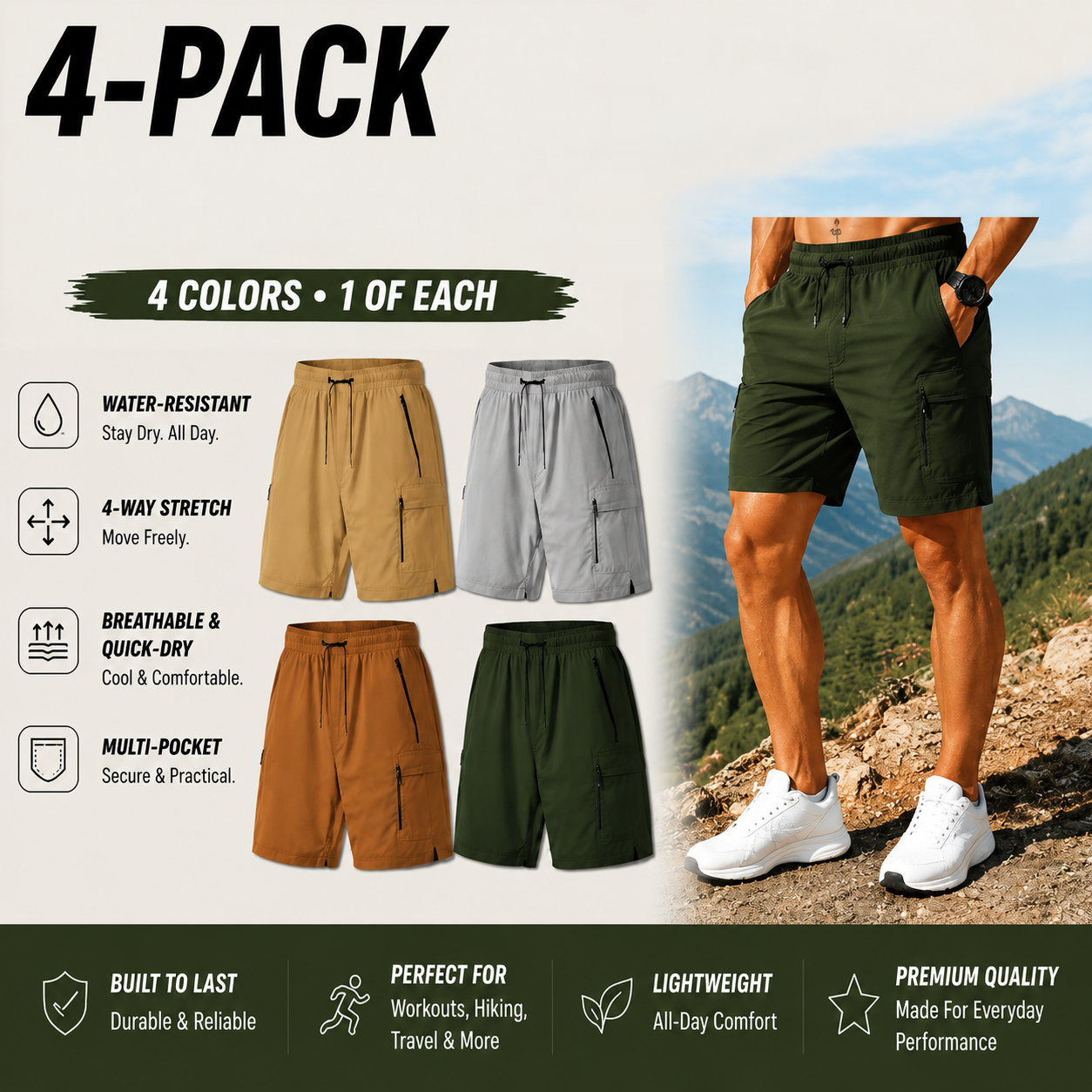 Men's Cargo Shorts Multi-Pack - Stretch Lightweight Drawstring Work Shorts - 4-PACK Value Deal B (Khaki / Gray / Tan / Olive) - $21.99