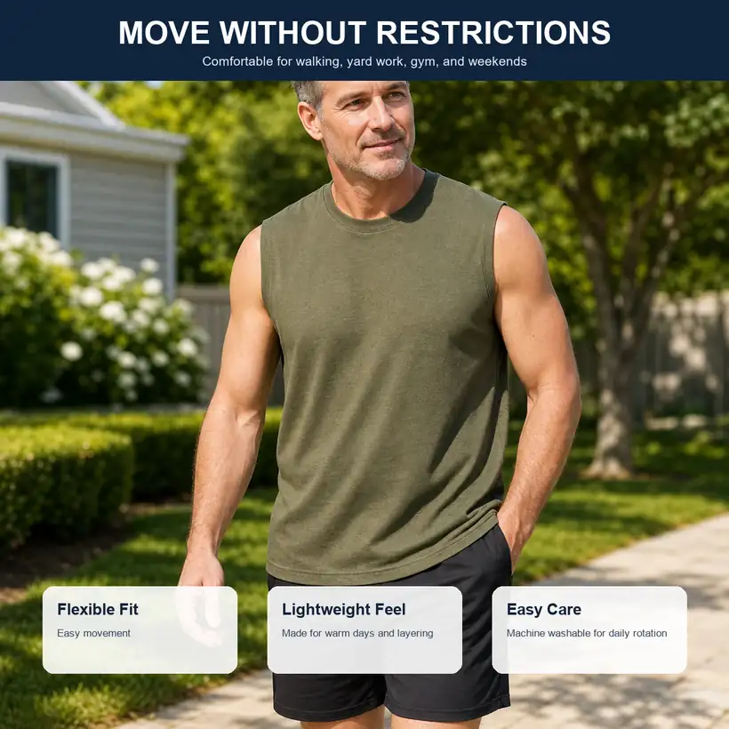 Male model wearing olive sleeveless t-shirt outdoors