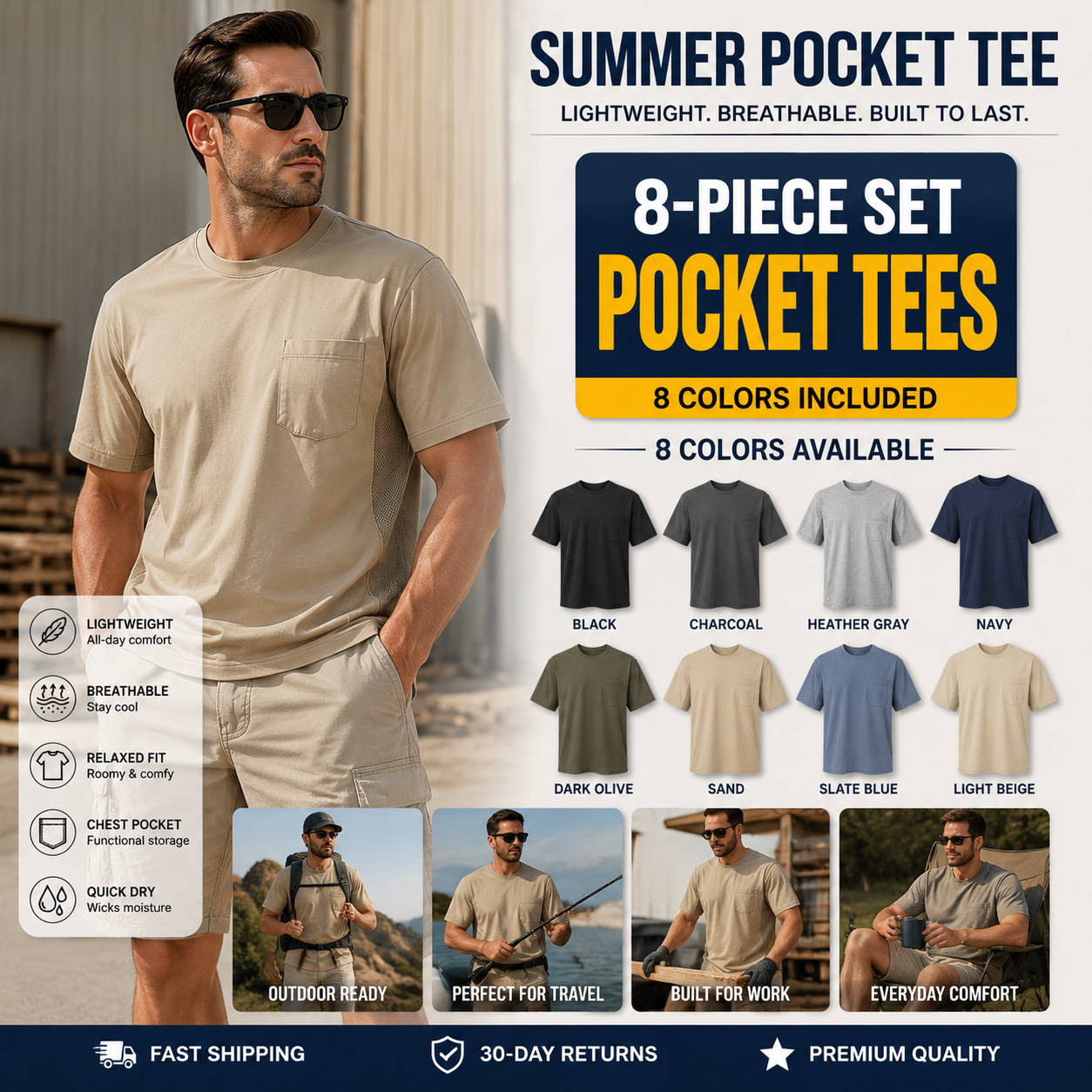 Men's Summer Pocket Tee Multi-Pack - 8-Pack: All 8 Colors - $30.99
