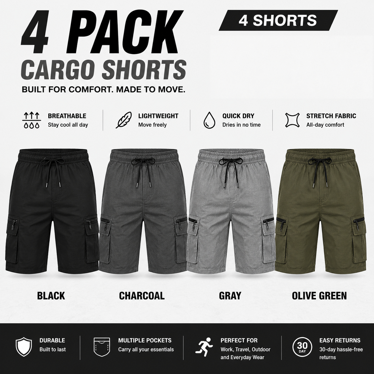 Men's Multi-Pocket Cargo Shorts Multi-Pack - 4-Pack A: Black / Charcoal / Gray / Olive Green - $23.99