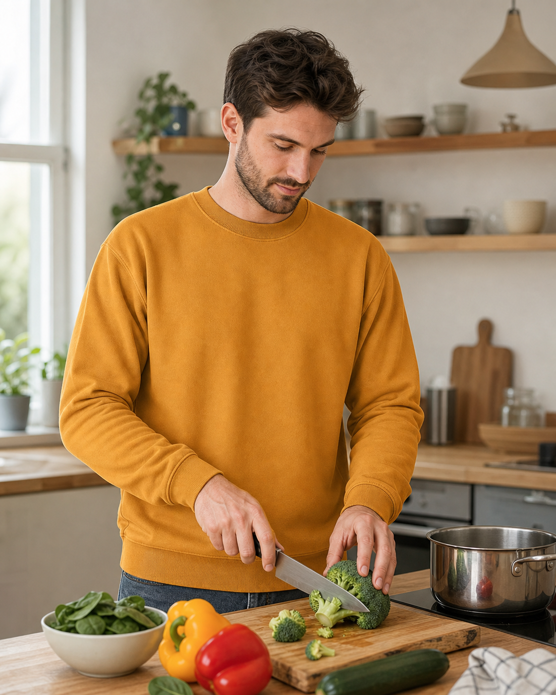 Man cooking at home in a mustard crewneck sweatshirt