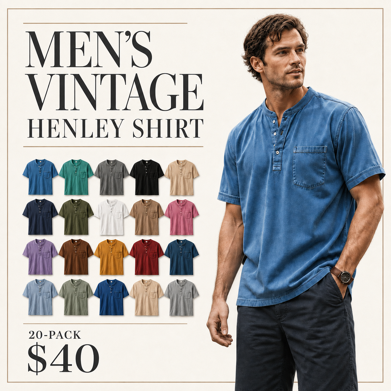 Men's Casual Solid Color Vintage Loose Pocket Short Sleeve Button-down Henley Shirt