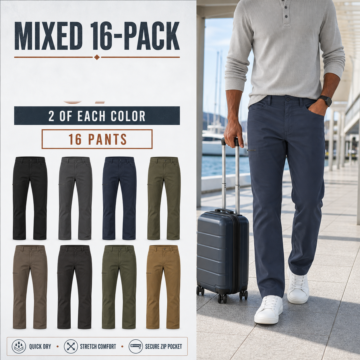 Men's Lightweight Stretch Utility Pants Multipack – Straight Leg Outdoor Work Pants