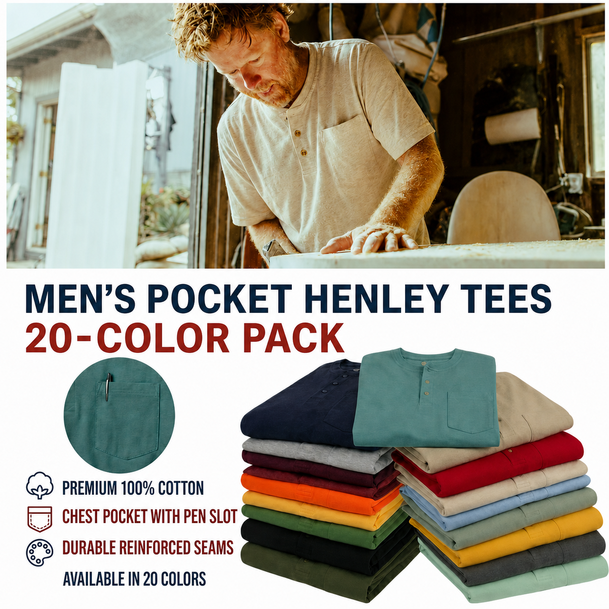 Men's pocket Henley tees 20-color pack