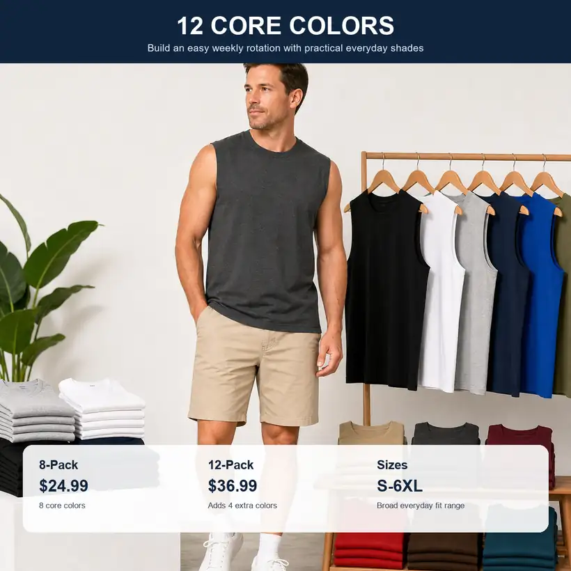 Male model with 12 core colors sleeveless t-shirt assortment