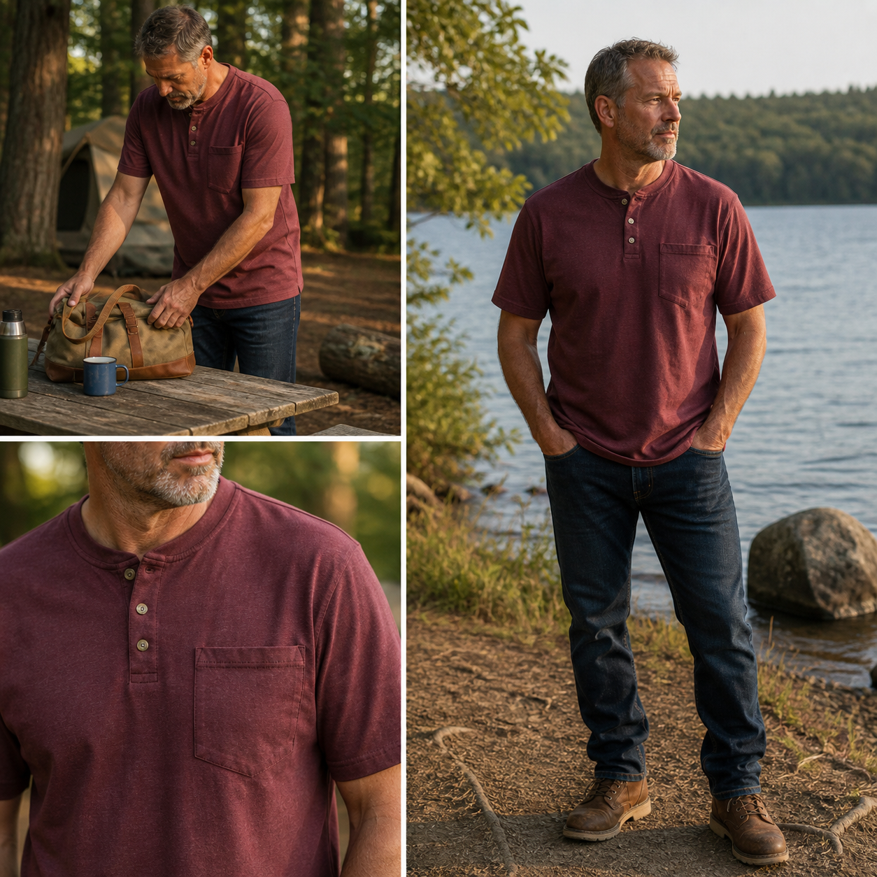 Men's burgundy heavyweight pocket Henley at a lakeside campsite