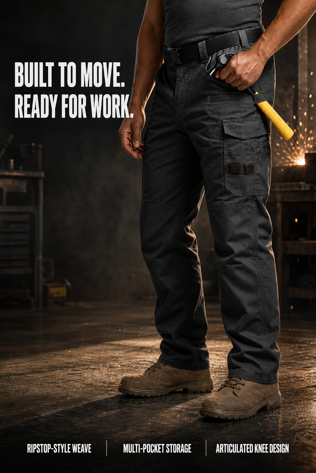 Men's black ripstop-style work pants built to move and ready for work