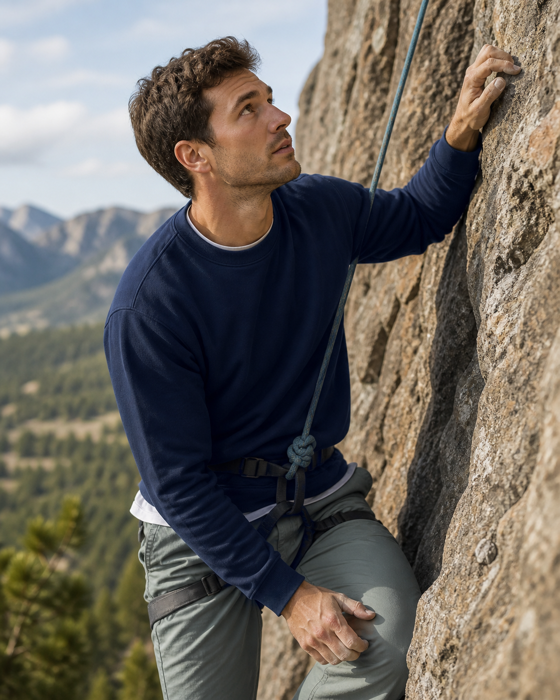 Man rock climbing in a navy crewneck sweatshirt with safety rope