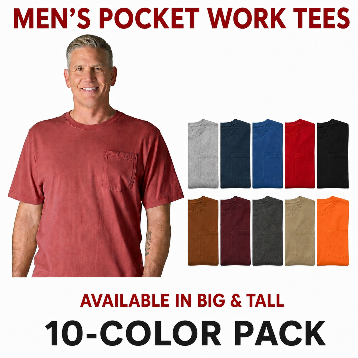 Men's pocket work tees 10-color pack