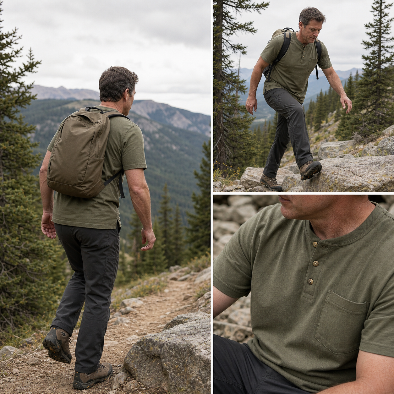 Men's olive heavyweight pocket Henley on a mountain hike