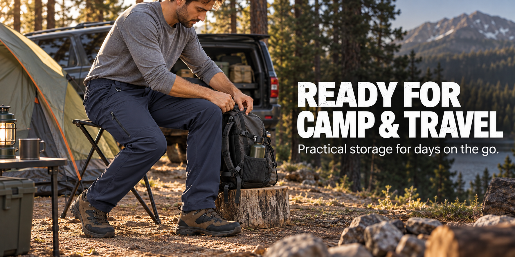 Men's hiking cargo pants at a forest campsite