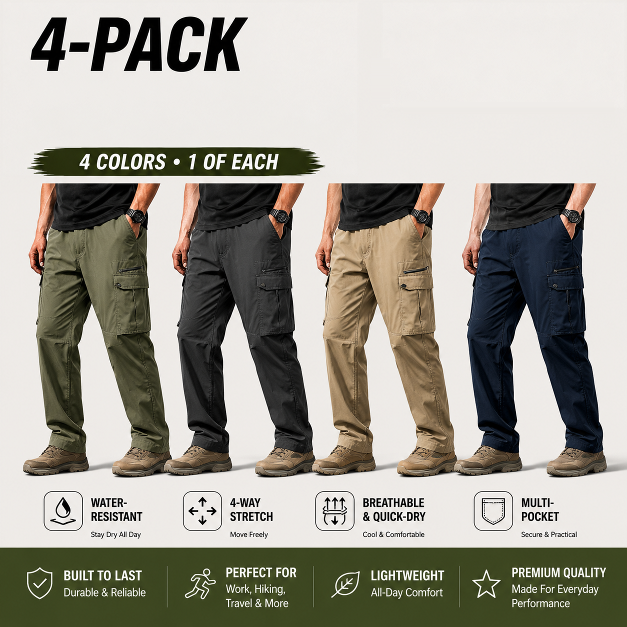 Men's Cargo Pants Multi-Pack - Lightweight Drawstring Work Pants - 4-PACK B (Olive / Black / Khaki / Navy) - $23.99
