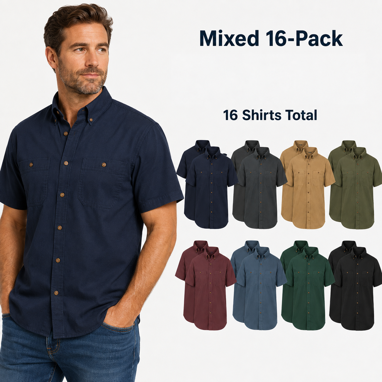 Men's Dual-Pocket Button-Down Work Shirt Multi-Pack