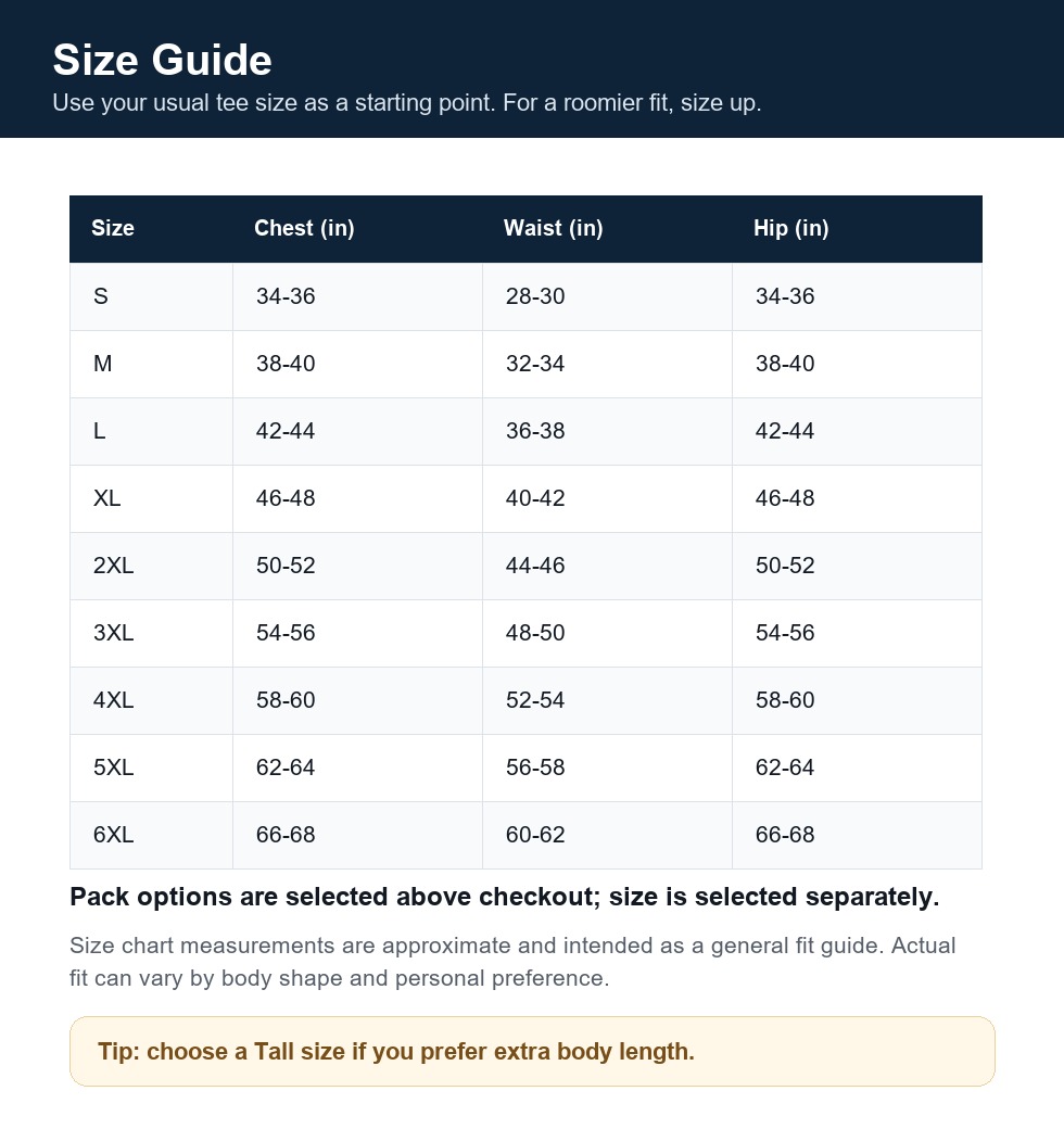 Heavyweight pocket T-shirt size guide