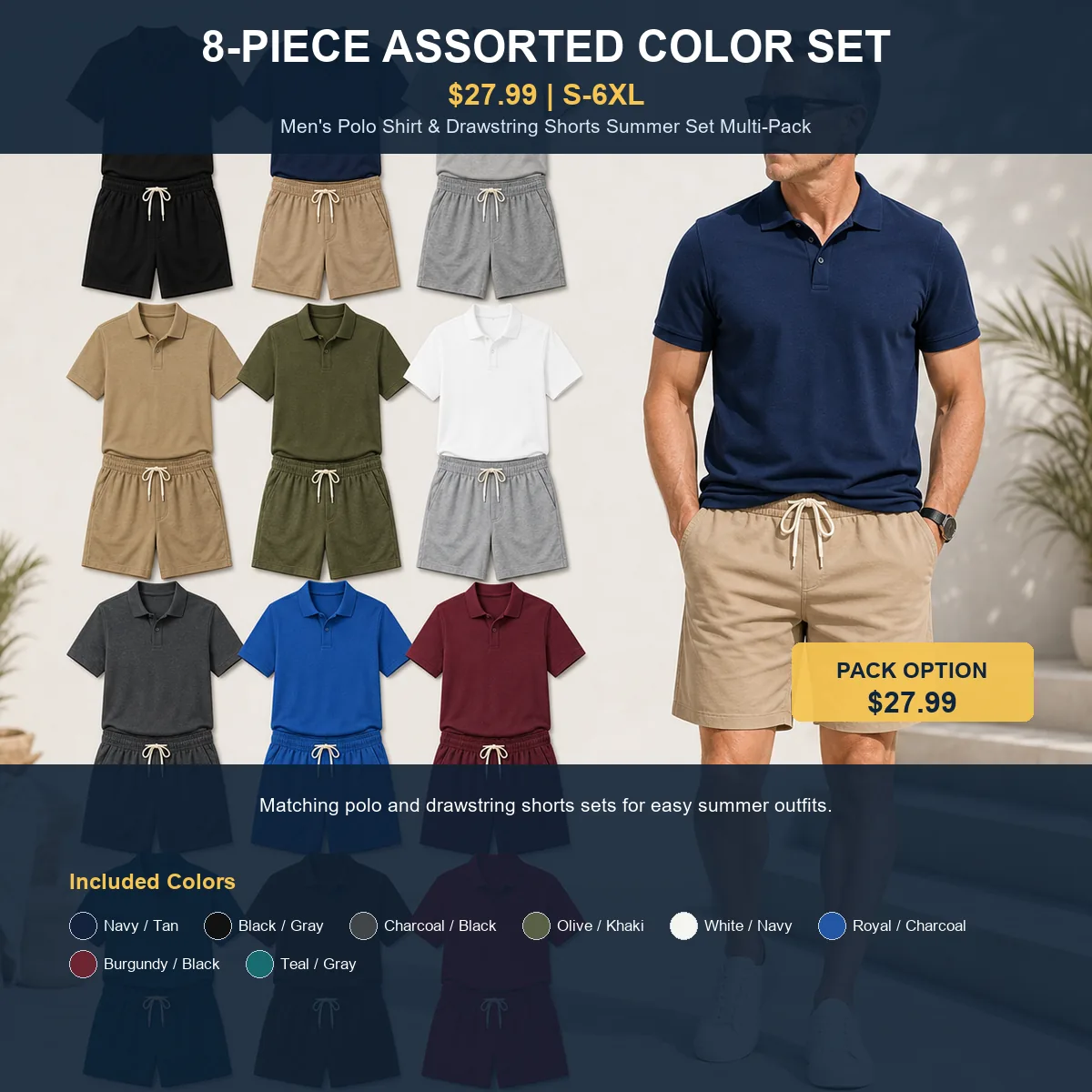 Men's Polo Shirt & Drawstring Shorts Summer Set Multi-Pack 8-Piece Assorted Color Set - $27.99