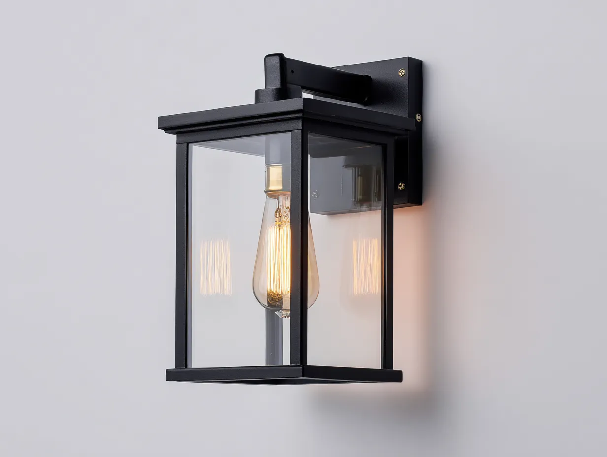 Aplique de pared 20x24x34 cm - metal y vidrio transparente - negro - para exterior - estilo farol compacto