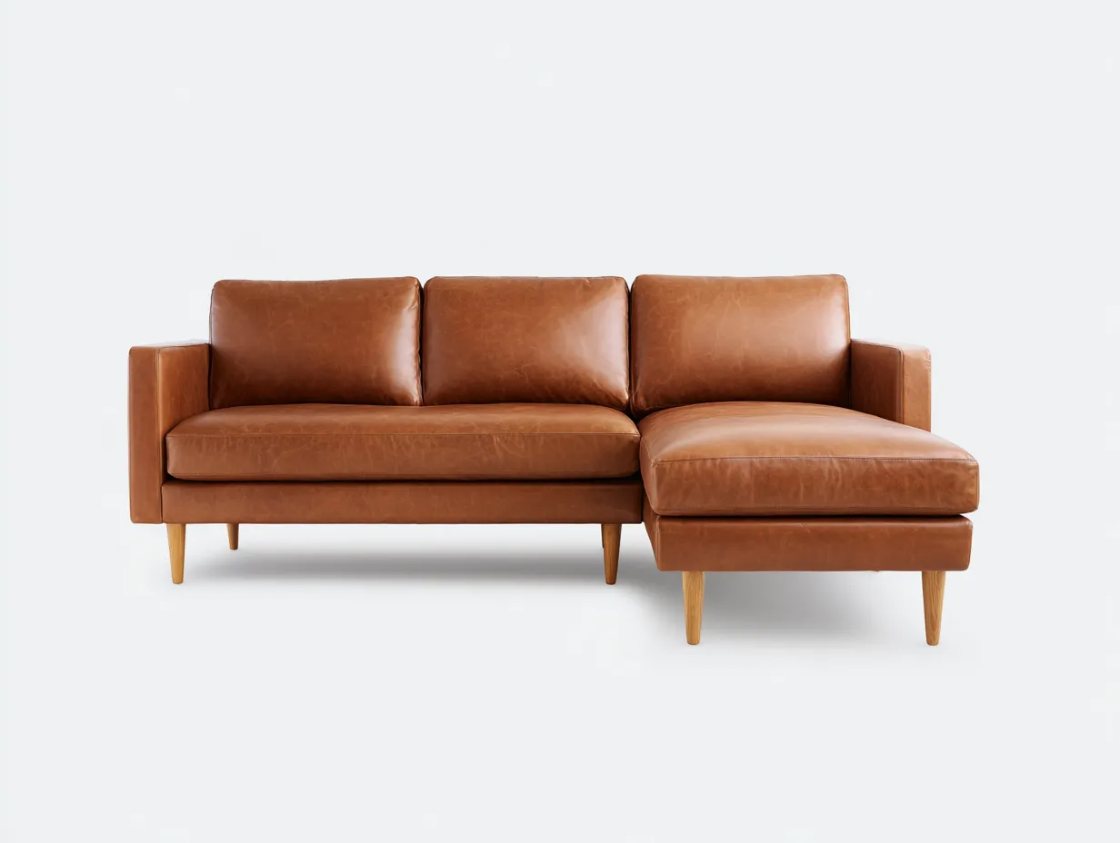 Sofá esquinero 258x160x83 cm - cuero marrón coñac - patas de madera - estilo limpio para salón