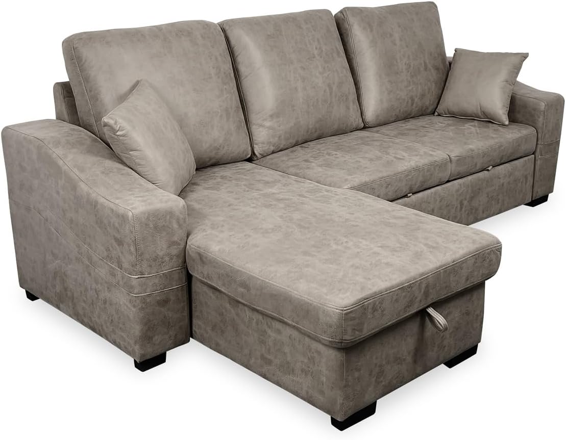 Homey Kumaras - Chaise longue reversible gris - Sofá cama con arcón - Cuero sintético y cojines decorativos-Roomgoloft