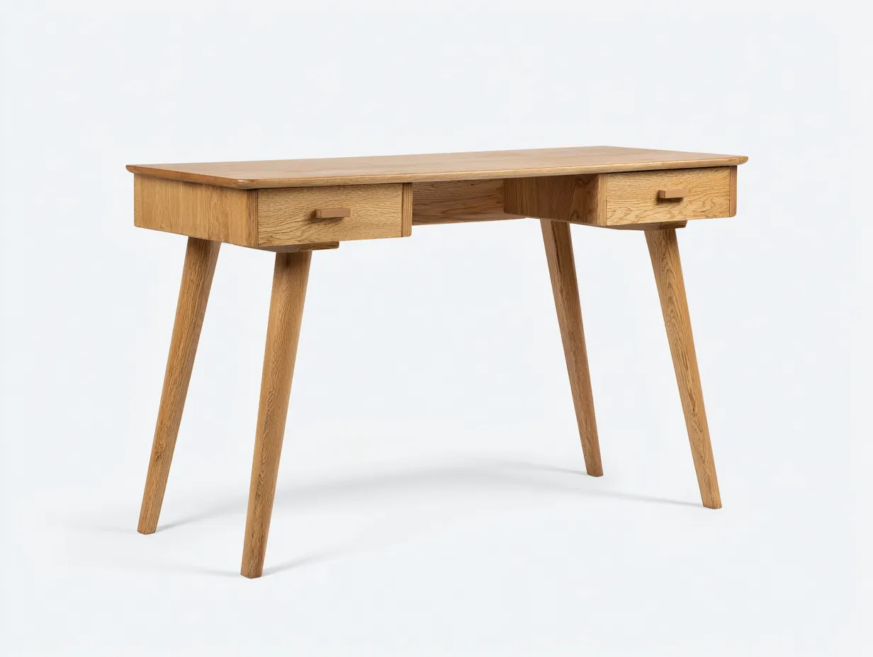 Escritorio 122x56x76 cm - roble natural - madera con dos cajones y patas inclinadas - mesa de estudio atemporal