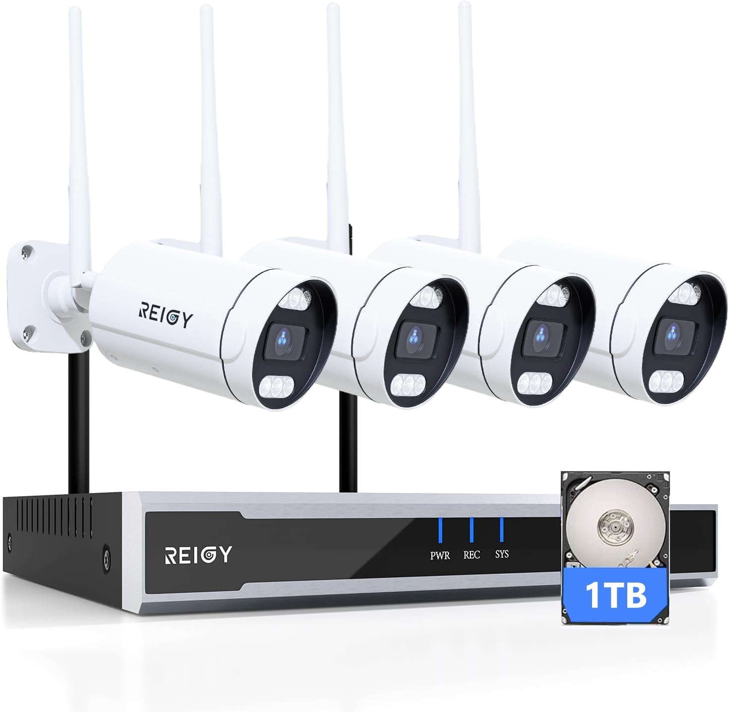 REIGY kit cámara vigilancia WiFi - 4 cámaras 5MP 1920p y NVR 16 canales - Disco duro 1 TB - Interior exterior-Roomgoloft