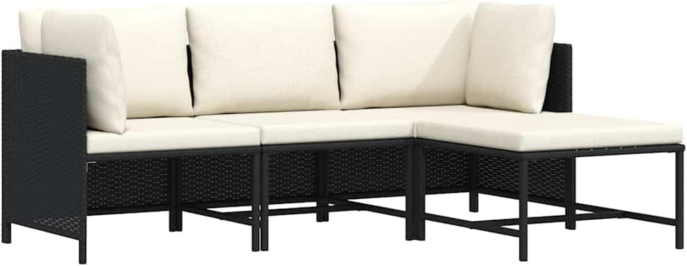 Set sofás vidaXL - jardín 4 piezas negro - ratán sintético con cojines - esquinas central y reposapiés-Roomgoloft
