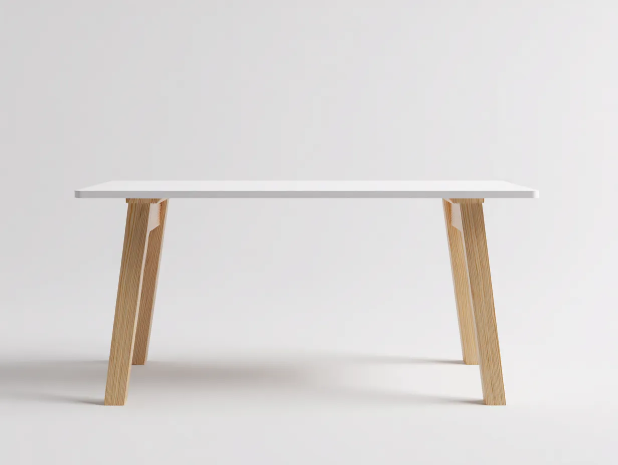 Escritorio 135x58x75 cm - blanco y natural - estructura inclinada de madera - estilo minimalista para estudio