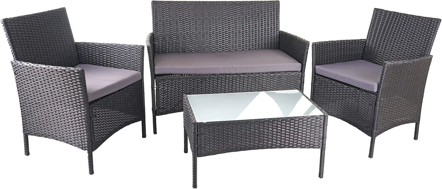 HWC D82 conjunto jardín polirratán negro - Salón rectangular - Cojines antracita - Muebles exterior con montaje-Roomgoloft