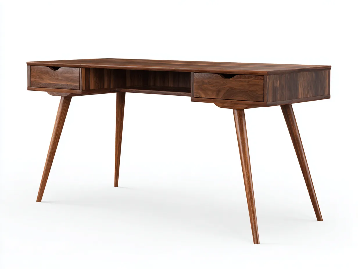 Escritorio 120x55x76 cm - nogal oscuro - madera con dos cajones y hueco central - diseño retro para estudio