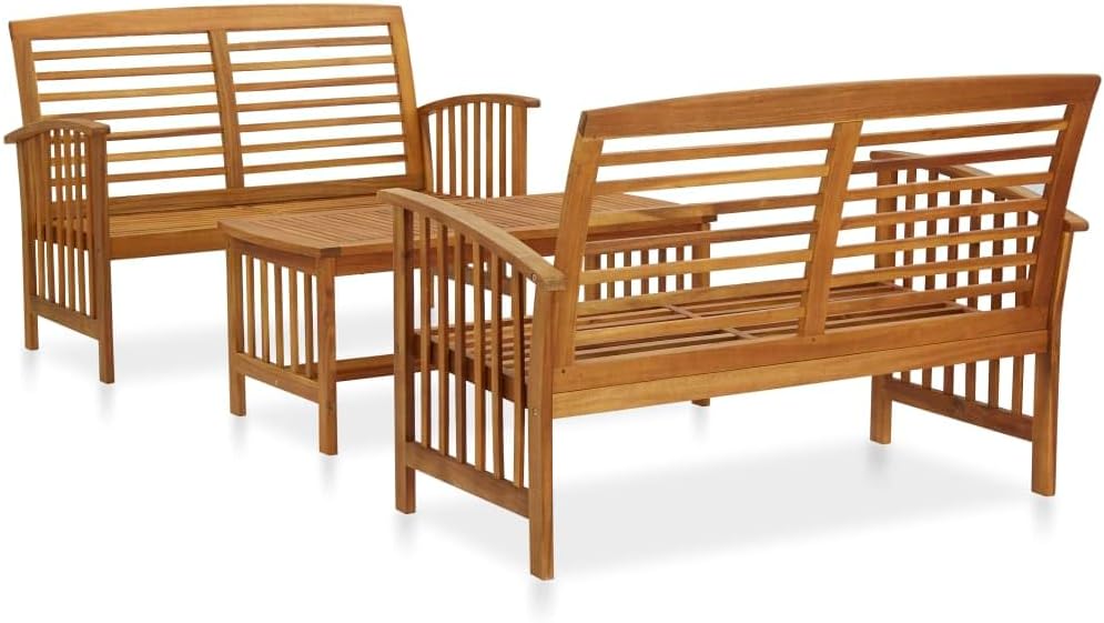 vidaXL juego muebles jardín acacia - 3 piezas marrón para exterior - 2 bancos y mesa - Salón patio estable con asiento elástico-Roomgoloft