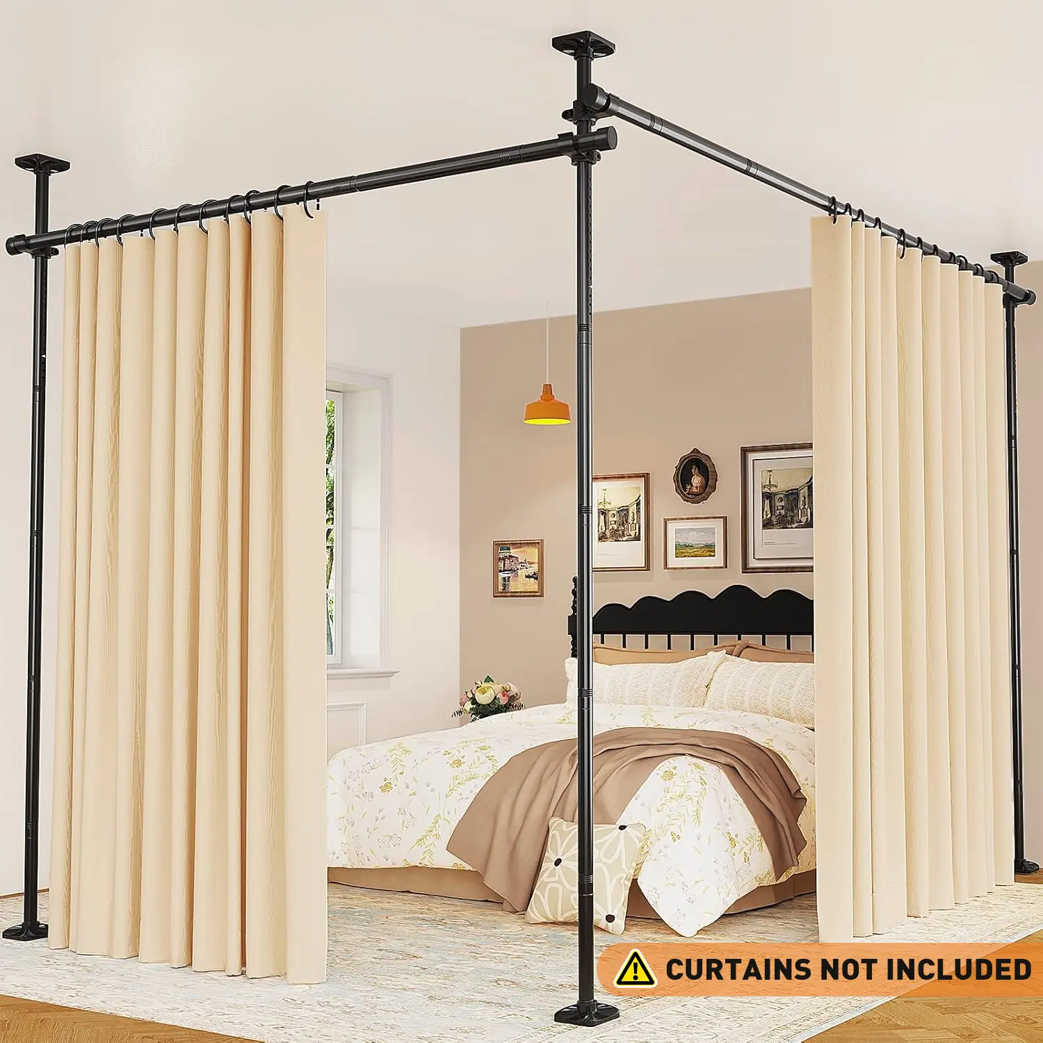 Barra ajustable para cortina divisoria de ambientes — Estructura de tensión para separar dormitorios (sin taladros) — Divisor de espacios independiente para separar habitaciones — Altura: 4 a 10 pies (1,2 a 3 m) — Ancho: 28 a 114 pulgadas (71 a 290 cm)