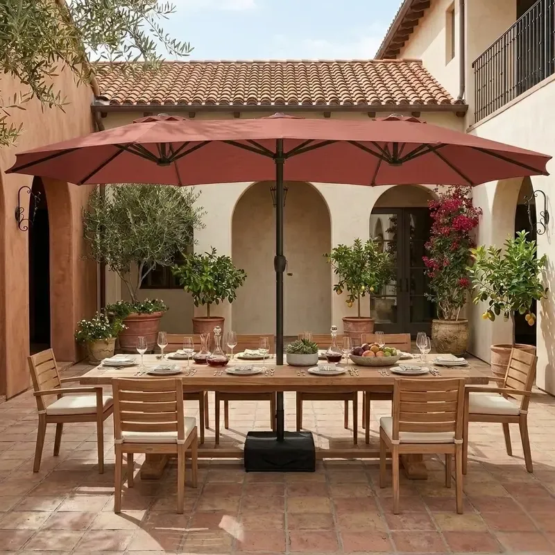 Sombrilla de patio grande de 15 pies (4,5 m) con base incluida; parasol rectangular de doble cara para exteriores con manivela, ideal para piscina, jardín o patio trasero (color caqui).
