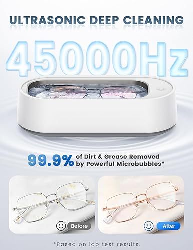 Máquina de Limpieza Ultrasónica 45kHz para Gafas, Joyas, Relojes y Anillos, Tanque de Acero Inoxidable 440 ml, Limpiador Profesional Portátil de Alta Frecuencia