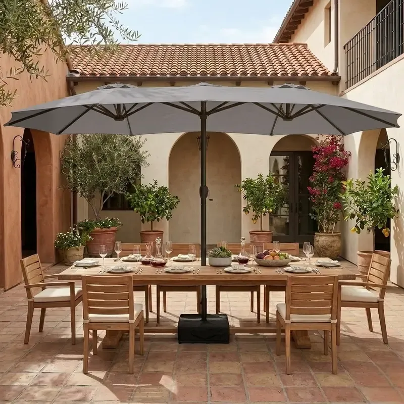 Sombrilla de patio grande de 15 pies (4,5 m) con base incluida; parasol rectangular de doble cara para exteriores con manivela, ideal para piscina, jardín o patio trasero (color caqui).