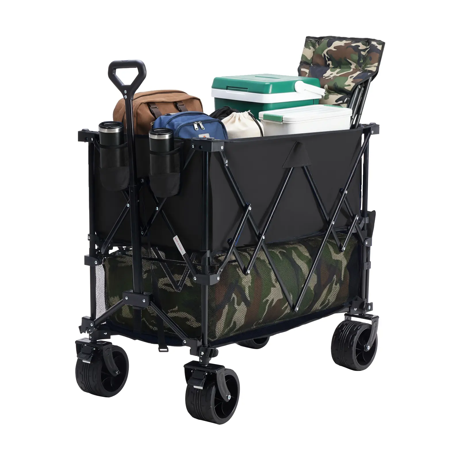 Sweetcrispy Carro Plegable de Exterior 320L, Carro de Transporte de Doble Nivel con Frenos, Capacidad de 200 kg, Ruedas Grandes Todo Terreno, Asa Ajustable, Compacto y Fácil de Guardar para Camping, Playa y Compras