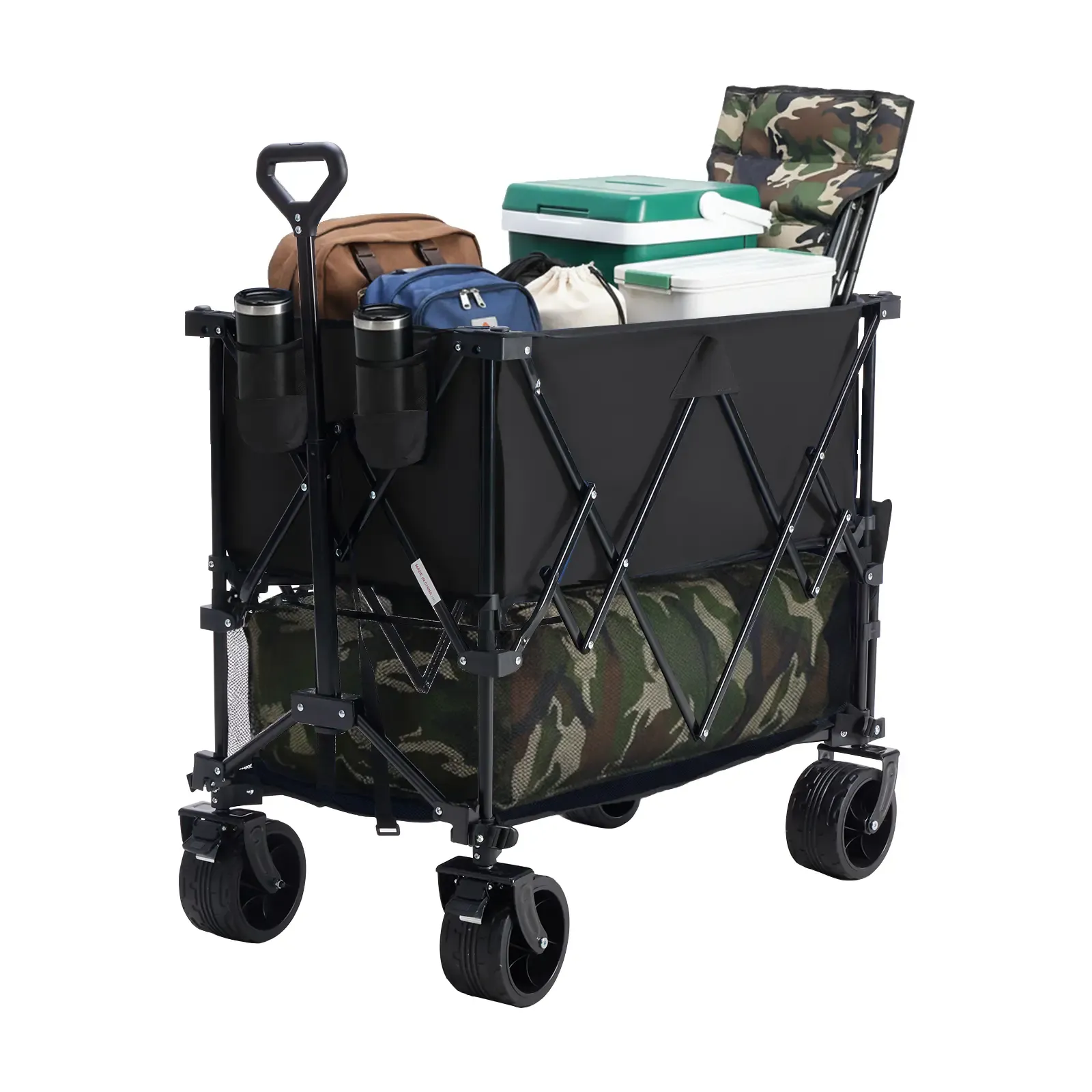 Sweetcrispy Carro Plegable de Exterior 320L, Carro de Transporte de Doble Nivel con Frenos, Capacidad de 200 kg, Ruedas Grandes Todo Terreno, Asa Ajustable, Compacto y Fácil de Guardar para Camping, Playa y Compras