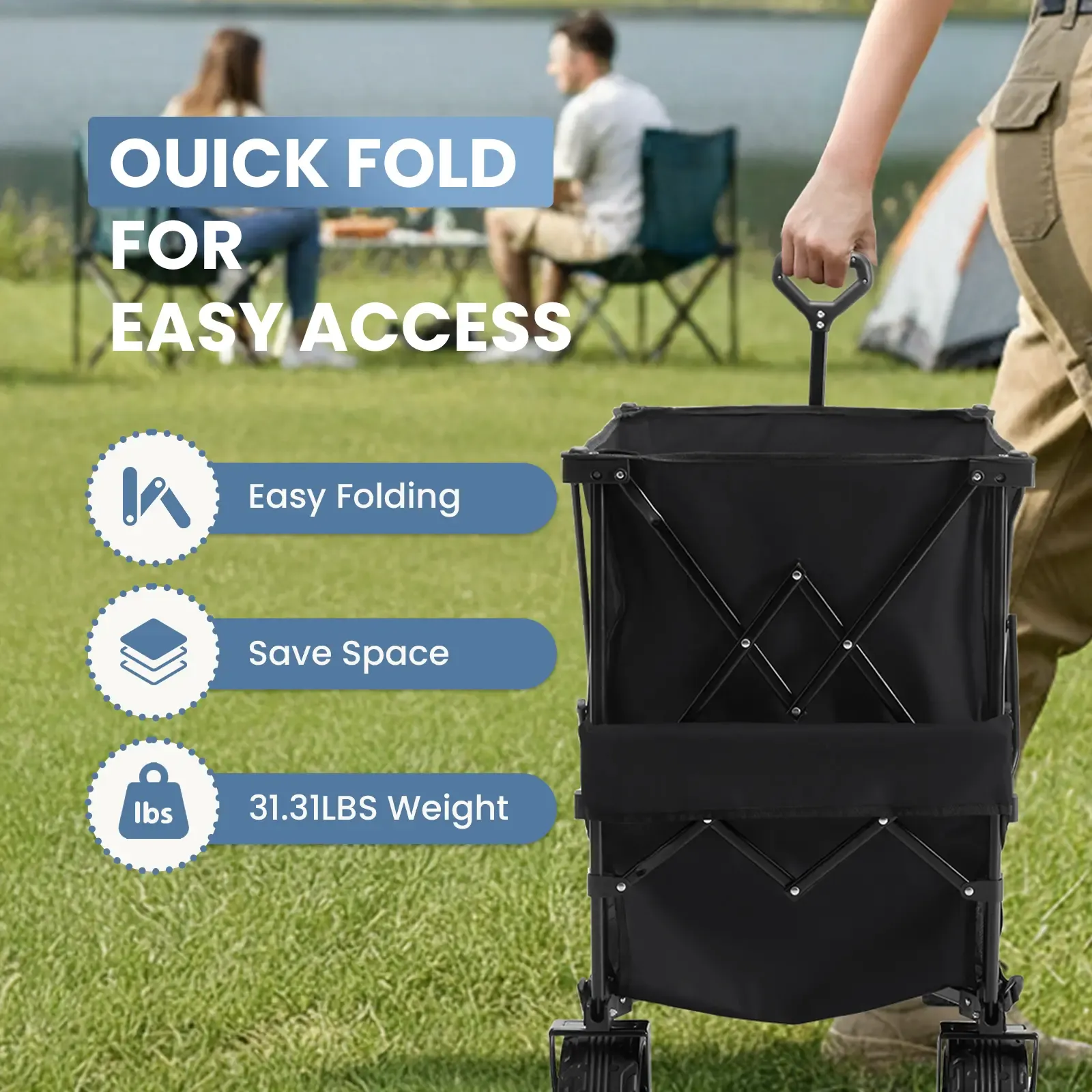 Sweetcrispy Carro Plegable de Exterior 320L, Carro de Transporte de Doble Nivel con Frenos, Capacidad de 200 kg, Ruedas Grandes Todo Terreno, Asa Ajustable, Compacto y Fácil de Guardar para Camping, Playa y Compras