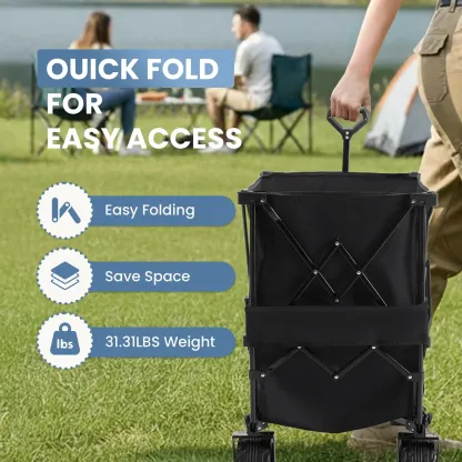 Sweetcrispy Carro Plegable de Exterior 320L, Carro de Transporte de Doble Nivel con Frenos, Capacidad de 200 kg, Ruedas Grandes Todo Terreno, Asa Ajustable, Compacto y Fácil de Guardar para Camping, Playa y Compras