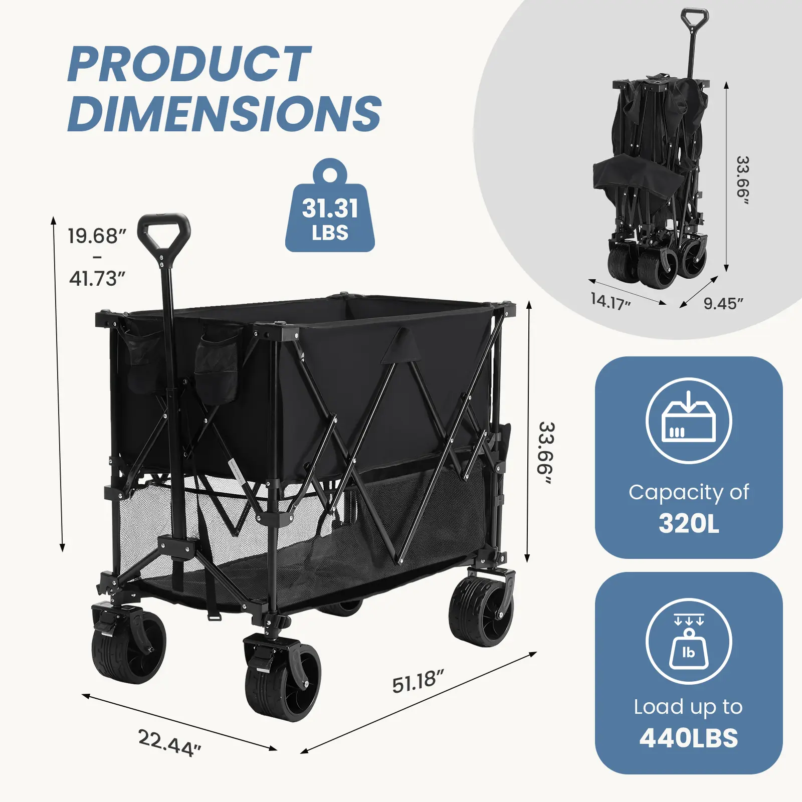 Sweetcrispy Carro Plegable de Exterior 320L, Carro de Transporte de Doble Nivel con Frenos, Capacidad de 200 kg, Ruedas Grandes Todo Terreno, Asa Ajustable, Compacto y Fácil de Guardar para Camping, Playa y Compras
