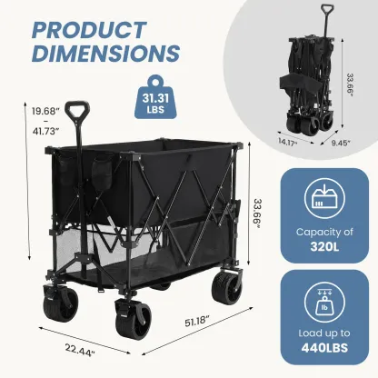 Sweetcrispy Carro Plegable de Exterior 320L, Carro de Transporte de Doble Nivel con Frenos, Capacidad de 200 kg, Ruedas Grandes Todo Terreno, Asa Ajustable, Compacto y Fácil de Guardar para Camping, Playa y Compras