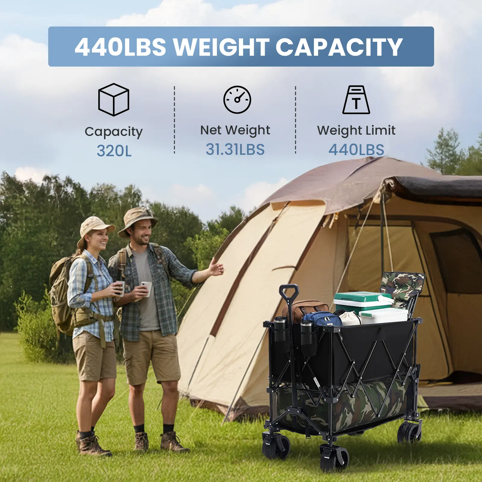 Sweetcrispy Carro Plegable de Exterior 320L, Carro de Transporte de Doble Nivel con Frenos, Capacidad de 200 kg, Ruedas Grandes Todo Terreno, Asa Ajustable, Compacto y Fácil de Guardar para Camping, Playa y Compras