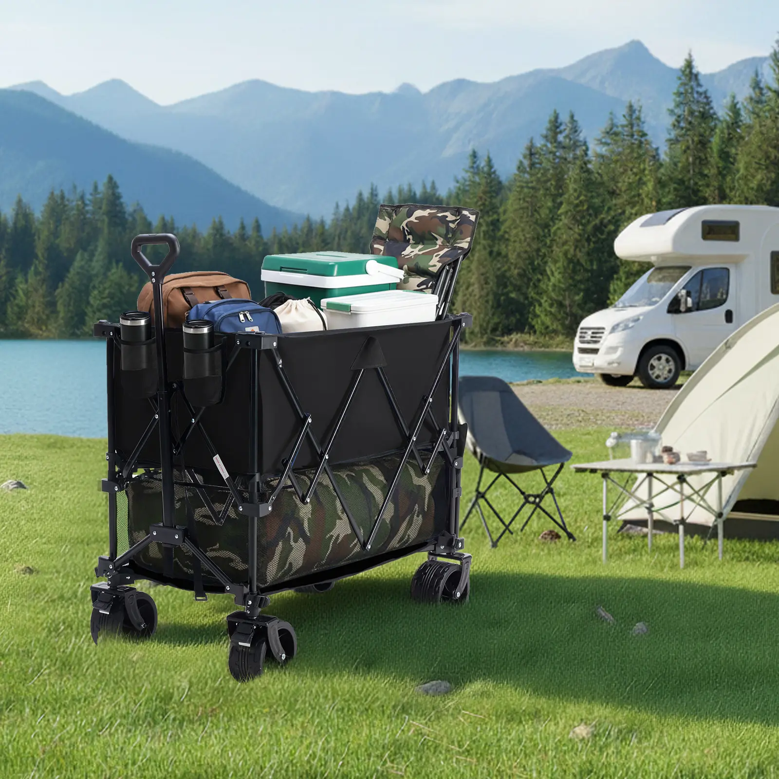 Sweetcrispy Carro Plegable de Exterior 320L, Carro de Transporte de Doble Nivel con Frenos, Capacidad de 200 kg, Ruedas Grandes Todo Terreno, Asa Ajustable, Compacto y Fácil de Guardar para Camping, Playa y Compras