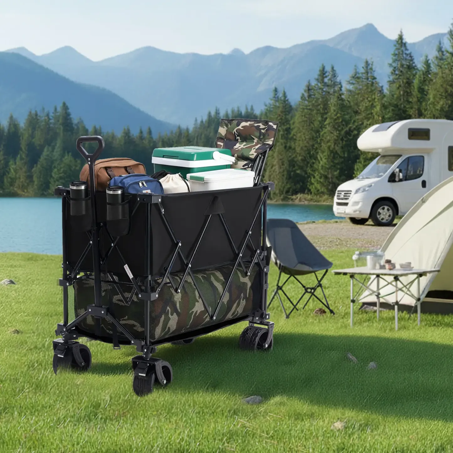 Sweetcrispy Carro Plegable de Exterior 320L, Carro de Transporte de Doble Nivel con Frenos, Capacidad de 200 kg, Ruedas Grandes Todo Terreno, Asa Ajustable, Compacto y Fácil de Guardar para Camping, Playa y Compras