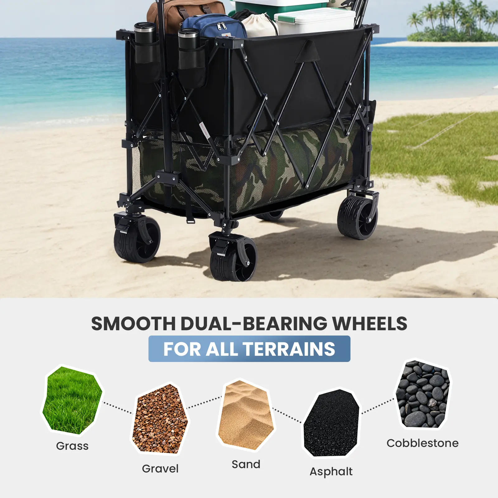 Sweetcrispy Carro Plegable de Exterior 320L, Carro de Transporte de Doble Nivel con Frenos, Capacidad de 200 kg, Ruedas Grandes Todo Terreno, Asa Ajustable, Compacto y Fácil de Guardar para Camping, Playa y Compras