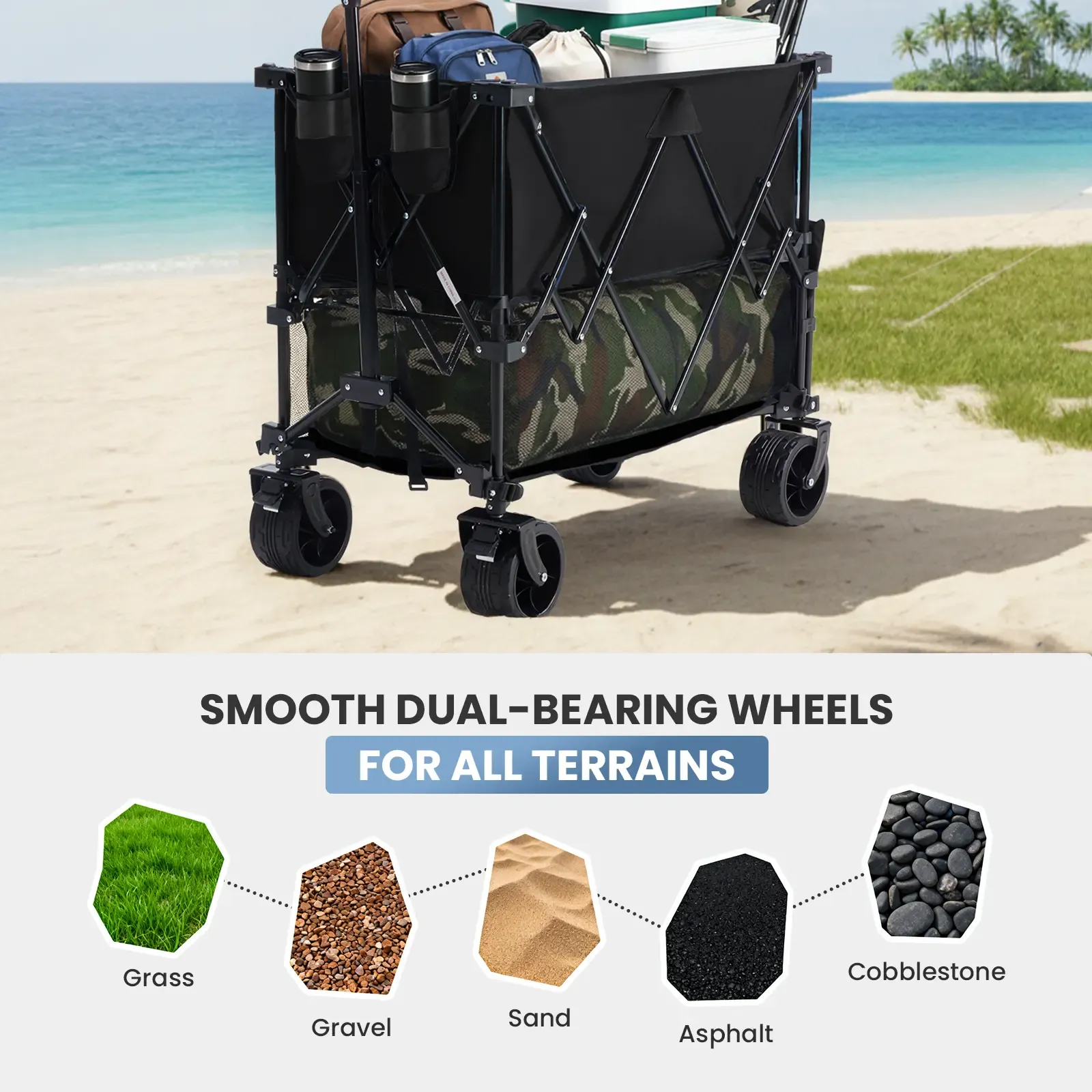 Sweetcrispy Carro Plegable de Exterior 320L, Carro de Transporte de Doble Nivel con Frenos, Capacidad de 200 kg, Ruedas Grandes Todo Terreno, Asa Ajustable, Compacto y Fácil de Guardar para Camping, Playa y Compras