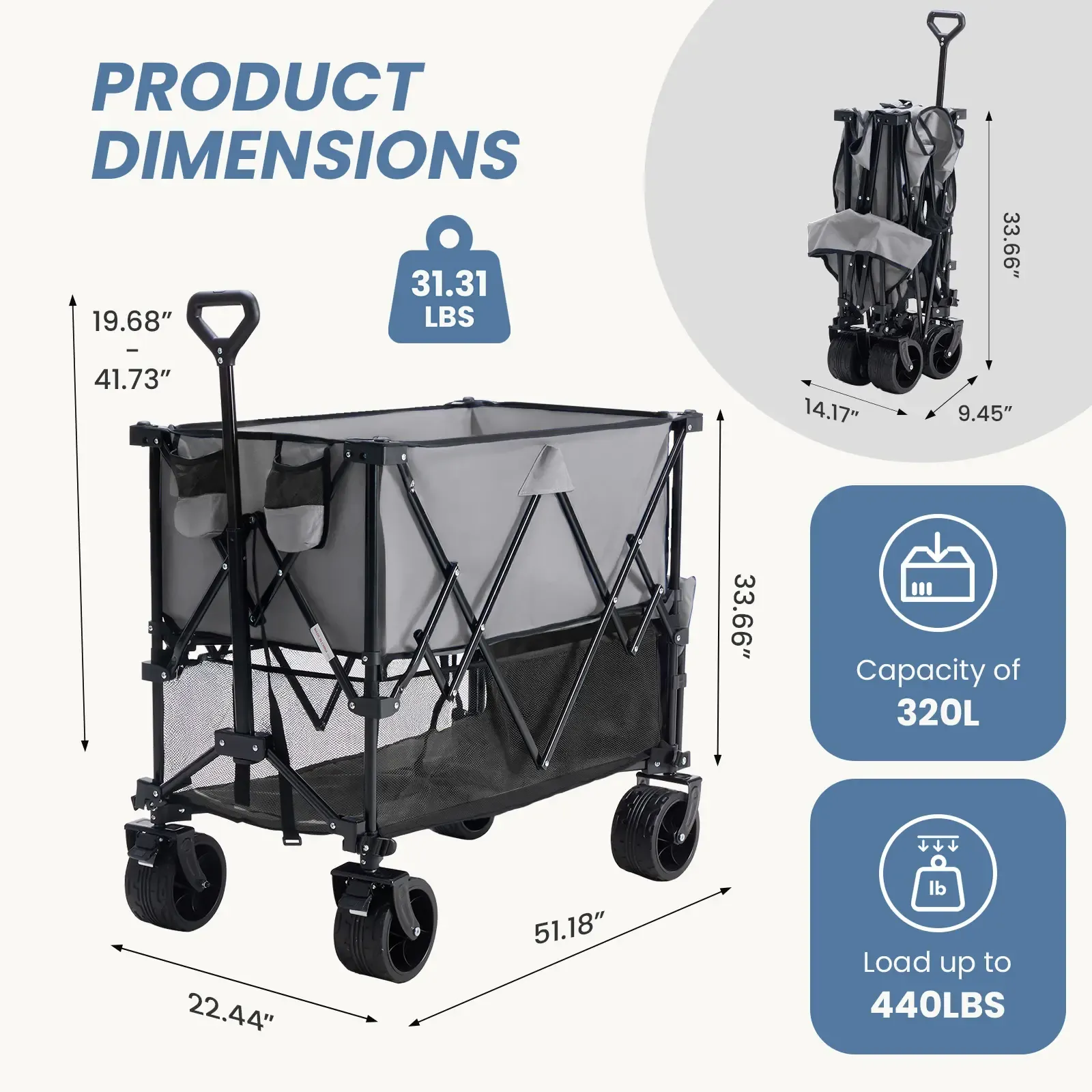 Sweetcrispy Carro Plegable de Exterior 320L, Carro de Transporte de Doble Nivel con Frenos, Capacidad de 200 kg, Ruedas Grandes Todo Terreno, Asa Ajustable, Compacto y Fácil de Guardar para Camping, Playa y Compras