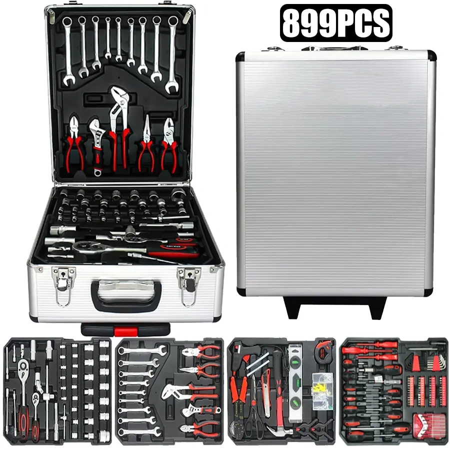 Kit de Herramientas 899 Piezas con Carro de Herramientas con Ruedas y Maletín Metálico, Organizador de 4 Niveles, Ideal para Reparación y Bricolaje