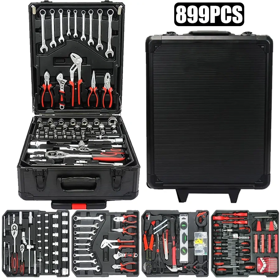 Kit de Herramientas 899 Piezas con Carro de Herramientas con Ruedas y Maletín Metálico, Organizador de 4 Niveles, Ideal para Reparación y Bricolaje