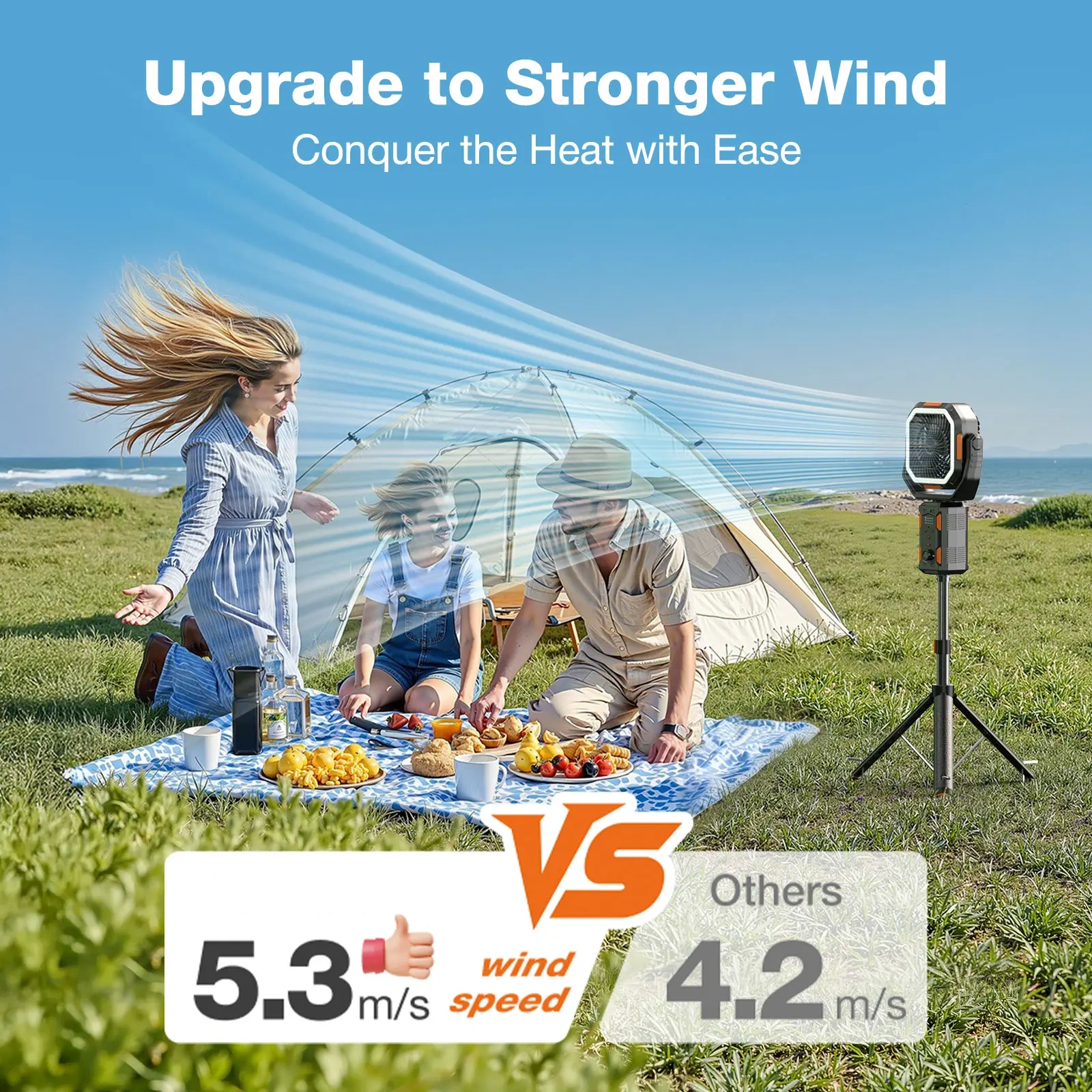 Ventilador de Camping Recargable 30000mAh con Trípode Desmontable, Luz LED, Rotación de 270°, Control Remoto y Función 4 en 1, Ventilador Portátil Inalámbrico para Tienda de Campaña, Viajes, Dormitorio y Exterior