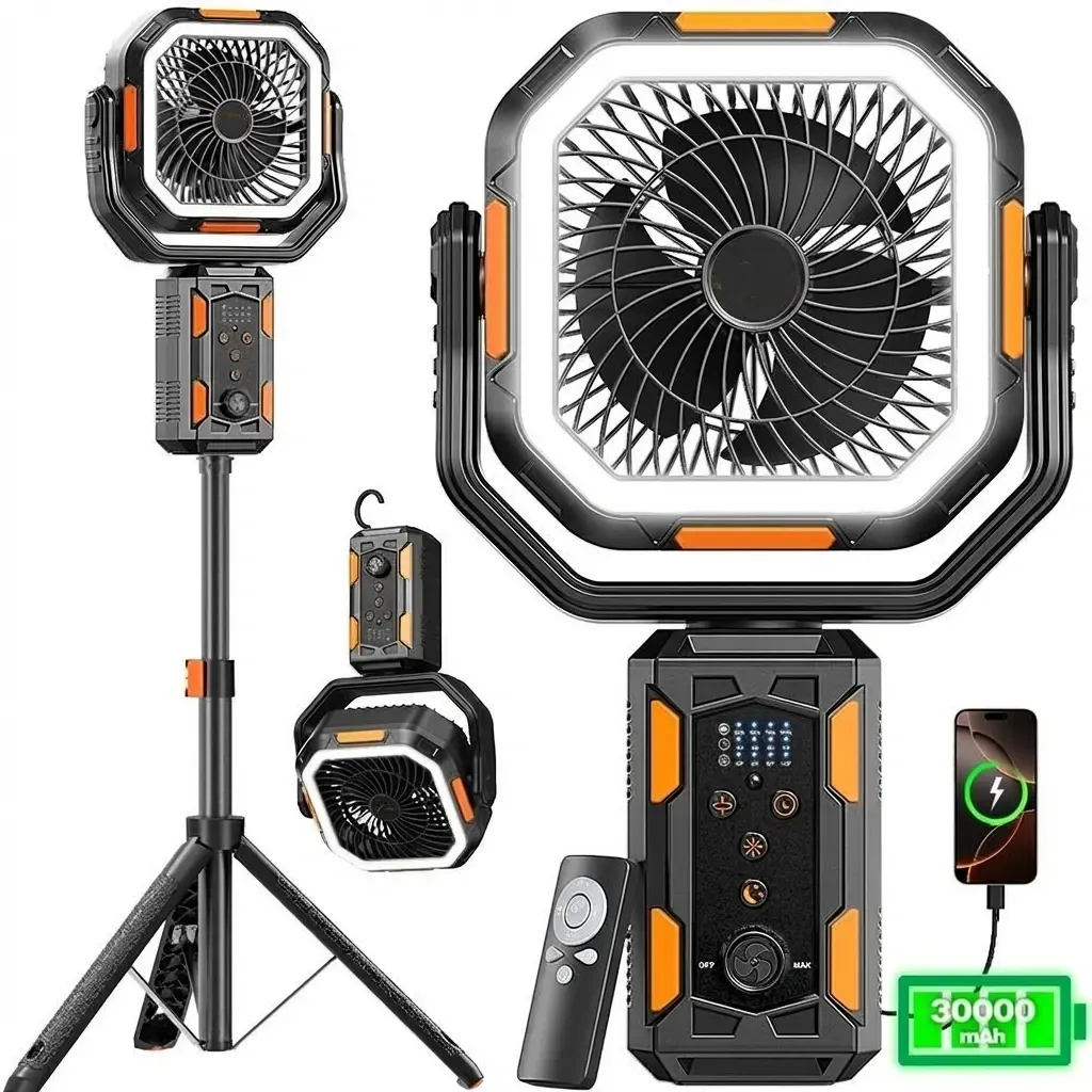Ventilador de Camping Recargable 30000mAh con Trípode Desmontable, Luz LED, Rotación de 270°, Control Remoto y Función 4 en 1, Ventilador Portátil Inalámbrico para Tienda de Campaña, Viajes, Dormitorio y Exterior