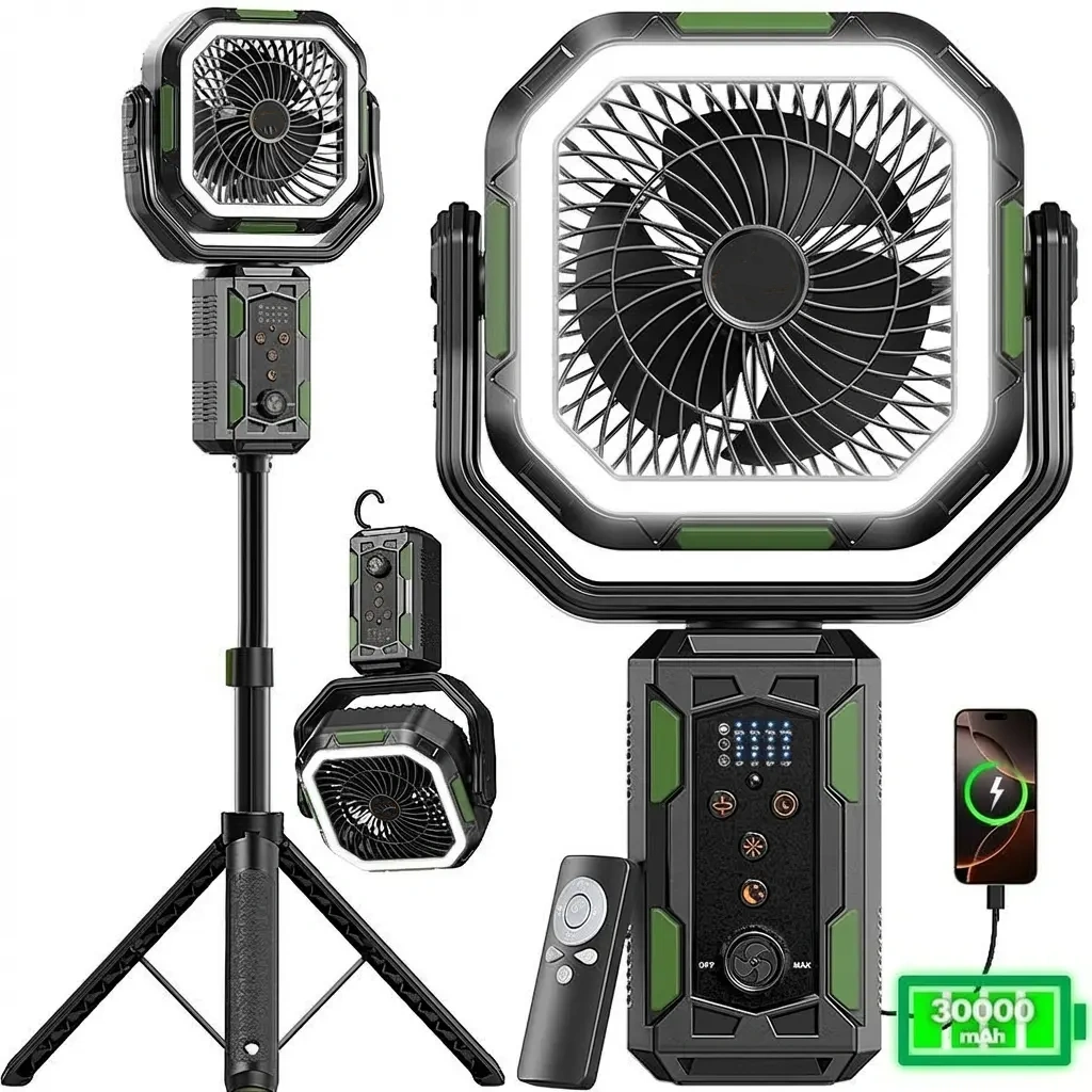 Ventilador de Camping Recargable 30000mAh con Trípode Desmontable, Luz LED, Rotación de 270°, Control Remoto y Función 4 en 1, Ventilador Portátil Inalámbrico para Tienda de Campaña, Viajes, Dormitorio y Exterior